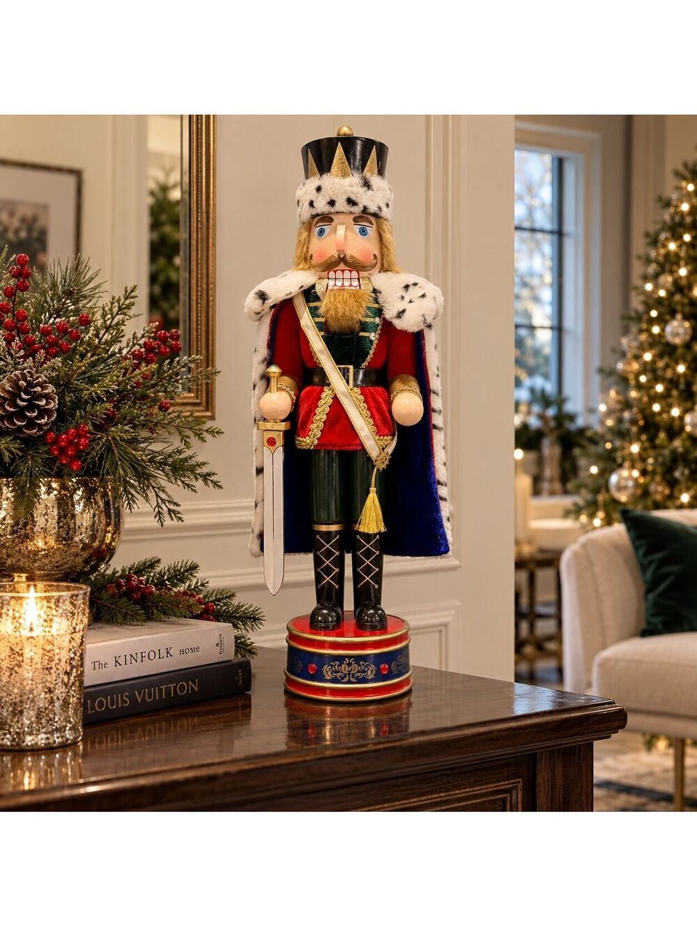 Vtg Large 22" Wooden King Nutcracker Soldier Sword Cape Christmas Decor In Box